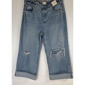 Universal Thread Women's Mid-Rise Cropped Wide Leg Jeans Distressed Denim 14